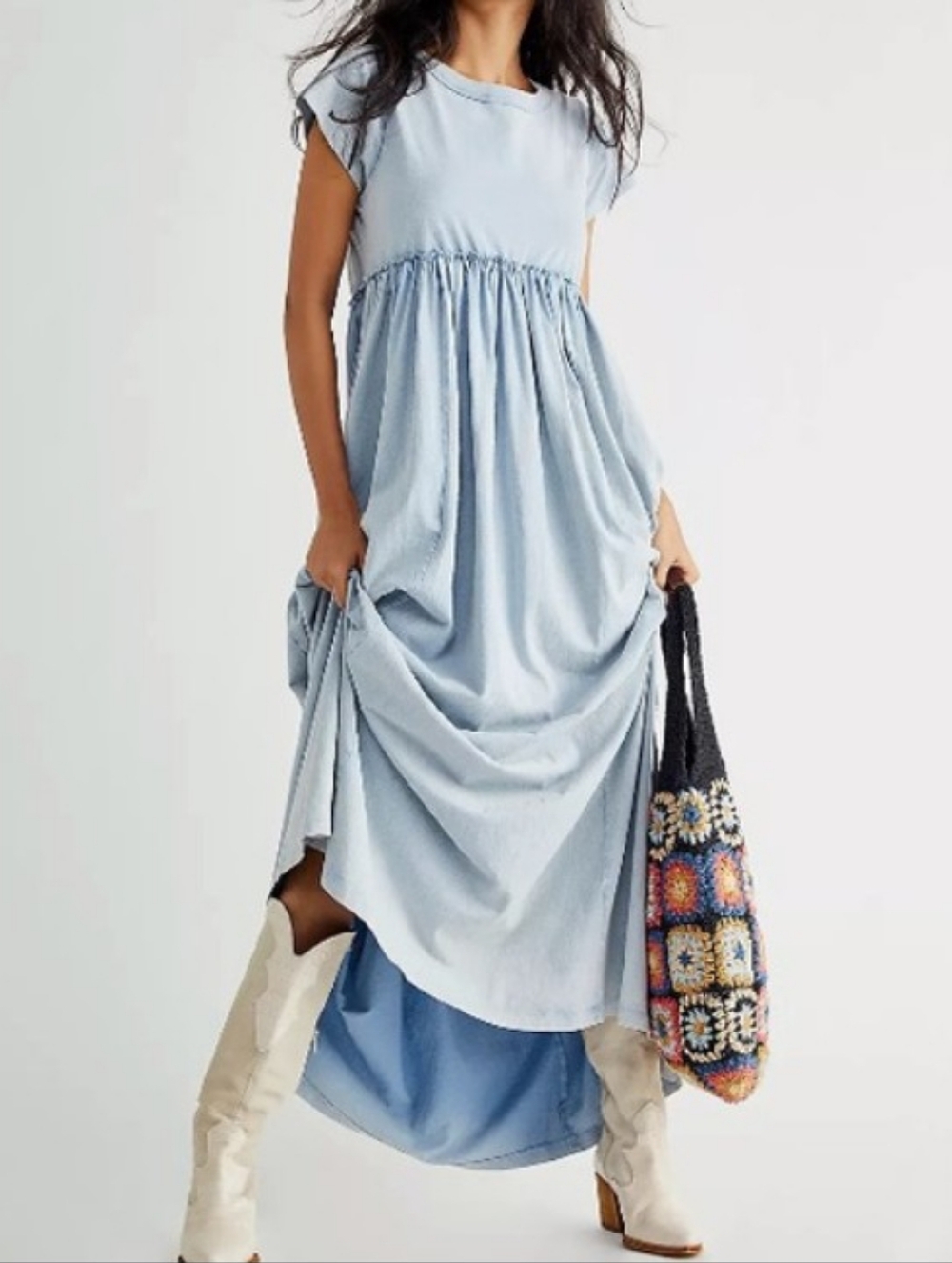 Free People Carissa Acid Wash Tee Maxi Dress Powder Blue Medium